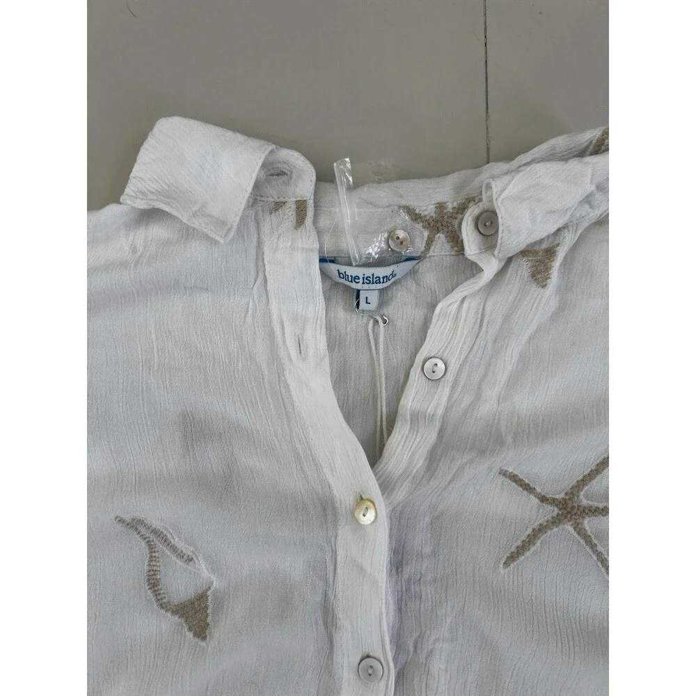 Beach Swimsuit Cover Up Button Down Shirt Embroidered Shell Boho Vacation NEW L